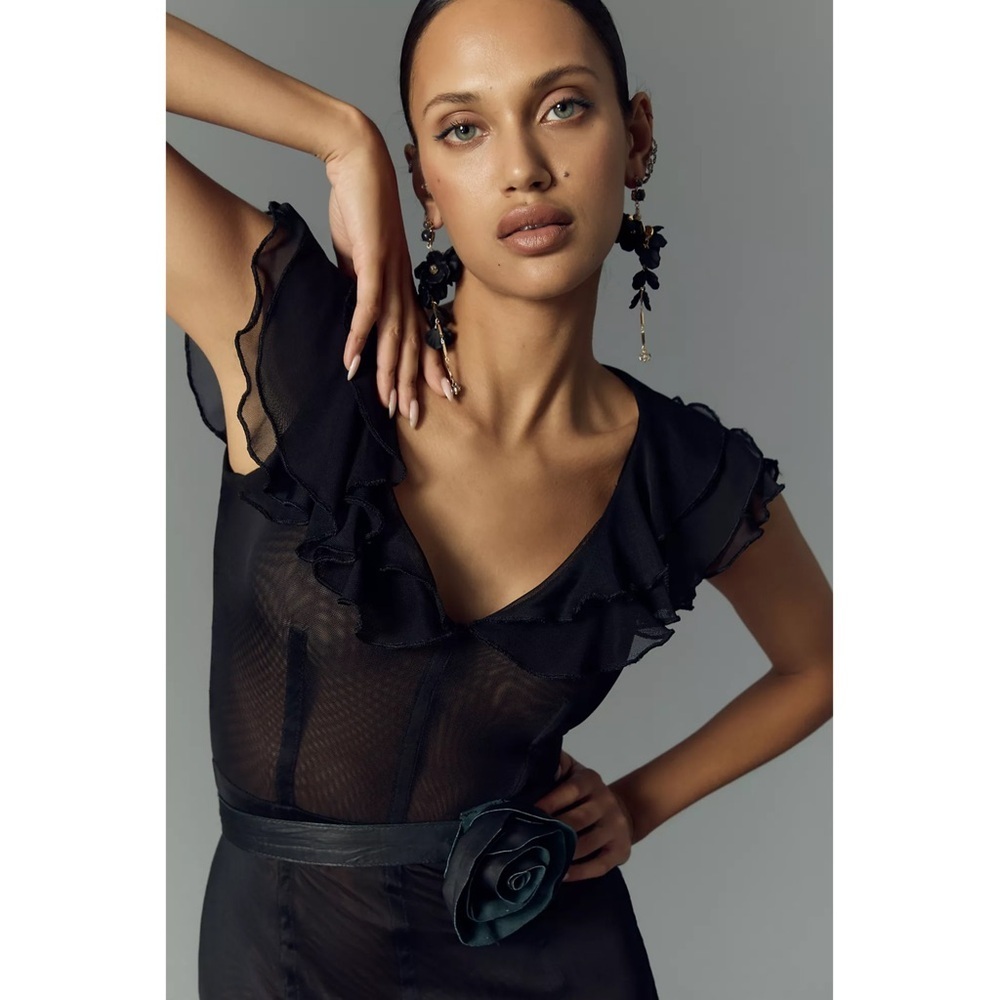 NWT TACH Handmade Sheer‎ Tulle V-Neck Short Sleeve Tiered Ruffle Hem Maxi Gown S - Picture 5 of 12